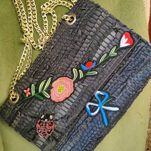 Exe crossbody bag new with embroidery, beads and gold chain