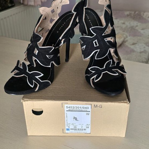 Zara black suede leather sandals 12cm heels new with gold details