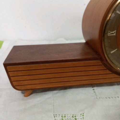 Wooden vintage table clock used, battery operated and functional