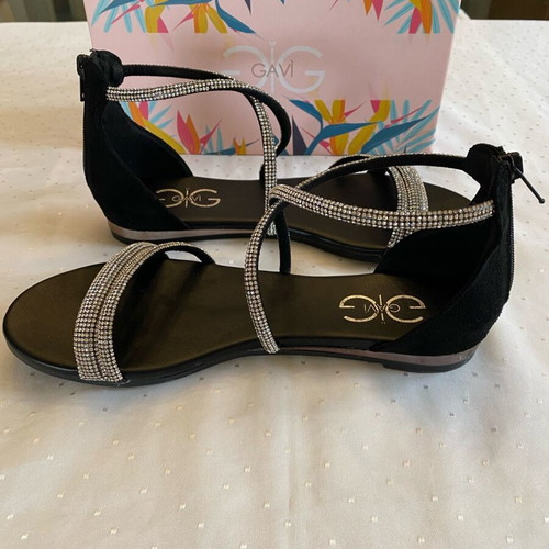 Gavi flat sandals new with black rhinestone straps
