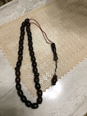 Antique Misky Bakelite Komboloi used, 33 beads, silver tassel