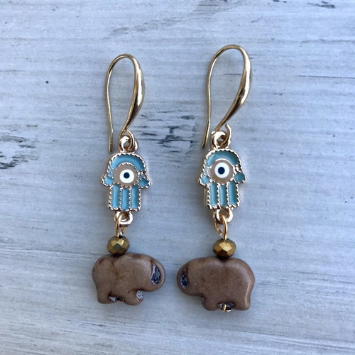 Earrings New With Brown Elephant Chaoite And Fatima Hand