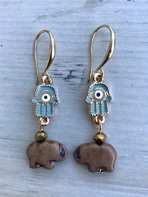 Earrings New With Brown Elephant Chaoite And Fatima Hand