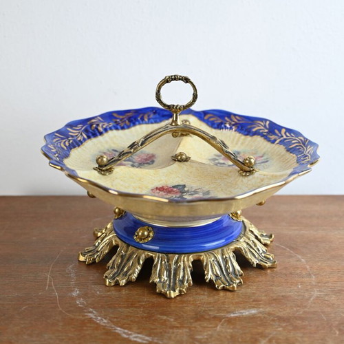 Vintage porcelain raised platter used, 27 cm diameter with brass details