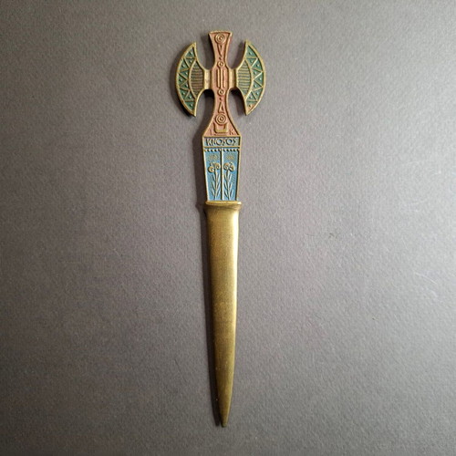 Knossos paper cutter used with Minoan double axe and colorful enamel