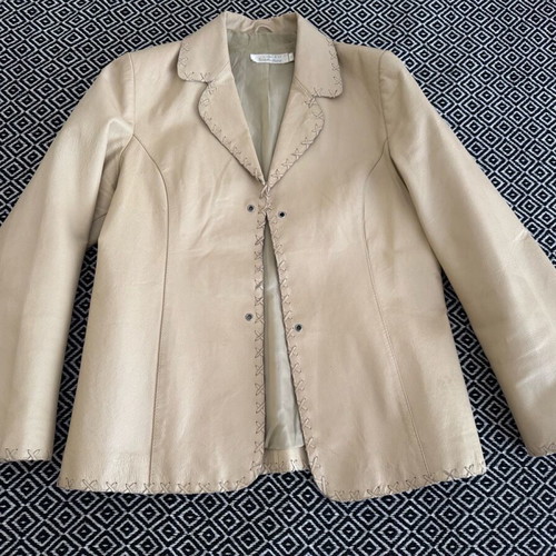 Friendtex leather jacket used, beige with embroidery