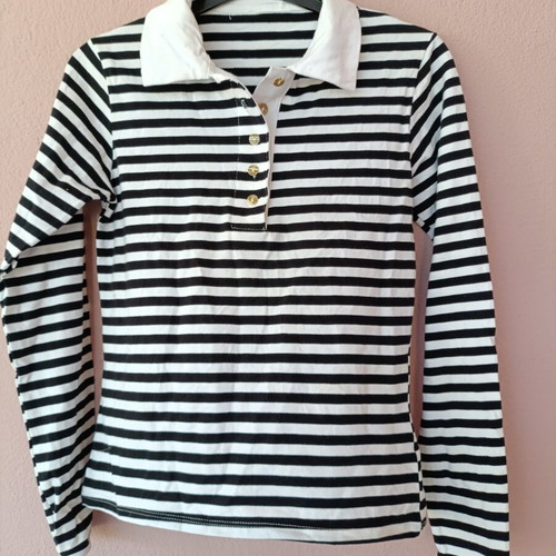 Black and white striped women's long-sleeve polo top like new