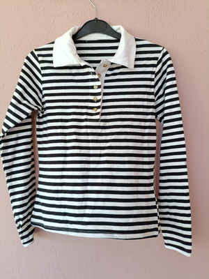 Black and white striped women's long-sleeve polo top like new