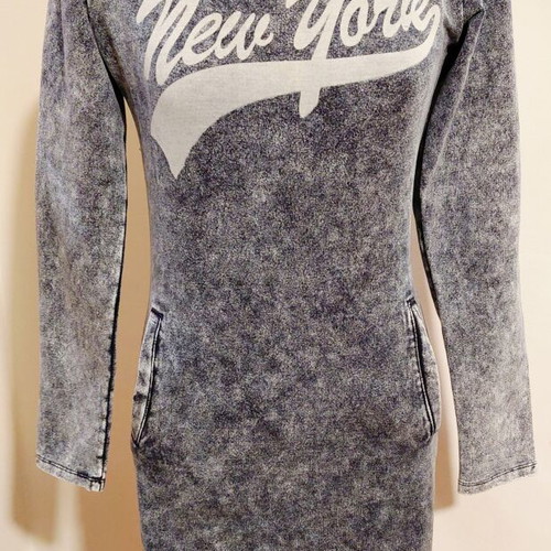 Denim dress with New York print, acid wash style, Miss Azur