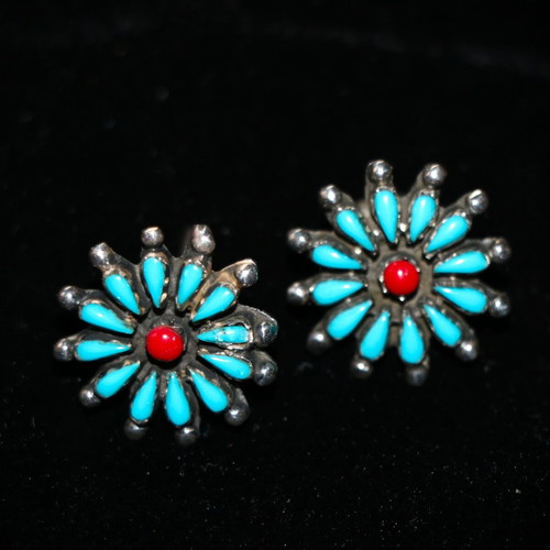 Earrings genuine turquoise and coral 925 sterling silver Navajo Indian new