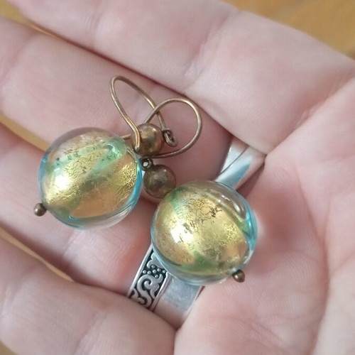 Murano earrings with gold leaf, aqua glass spheres, handmade