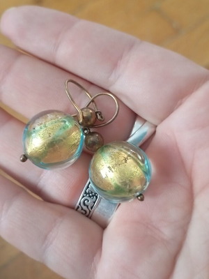 Murano earrings with gold leaf, aqua glass spheres, handmade