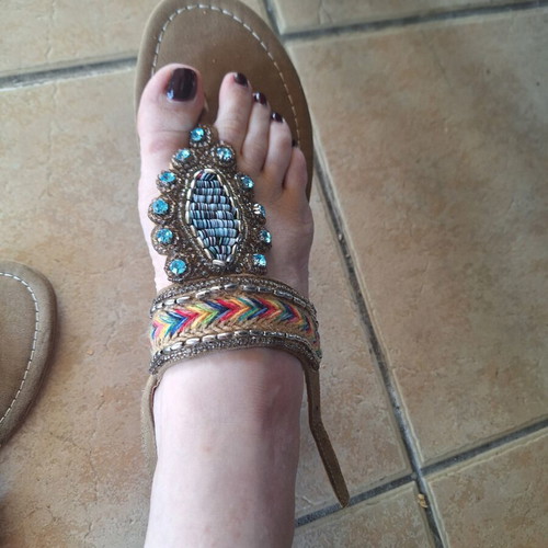 Sandals new, ethnic style, beige and multicolor, size 39