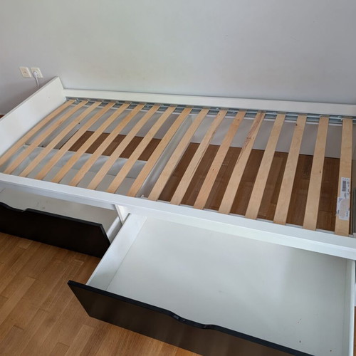 Bed frame with 2 storage boxes, like new