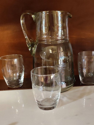 Vintage glass pitcher with three water glasses like new