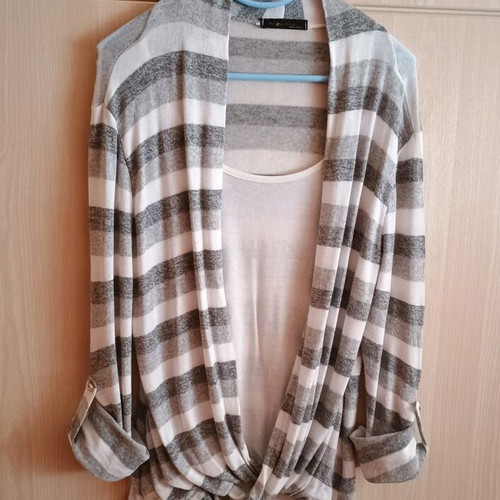 Wrap blouse used, white and gray, with integrated top