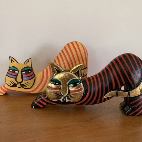 Decorative wooden cat set new, hand-painted, pack of two