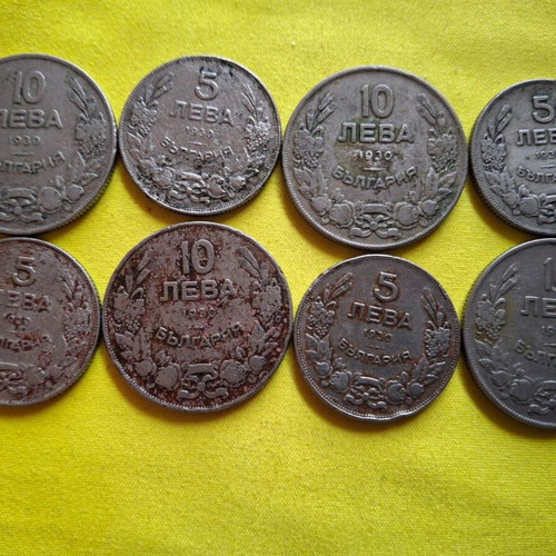 Coins 5 and 10 Leva 1930 used, pack of 8 from Bulgaria
