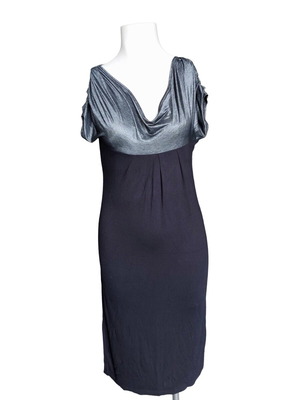 Midi dress with silver draped bust and black skirt, new
