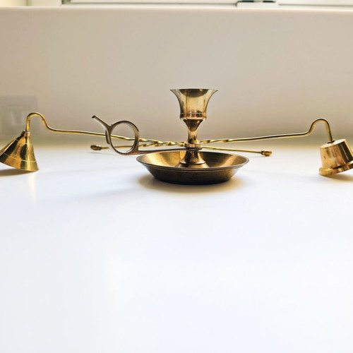 Brass candlestick set and 2 candle snuffers like new