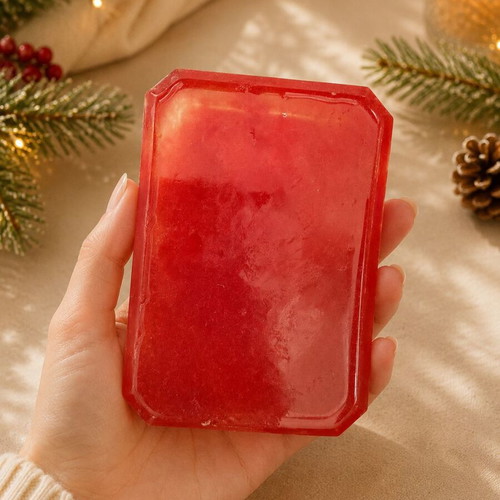 Handmade Resin Soap Dish Winter Magic deep red with iridescent snowflakes