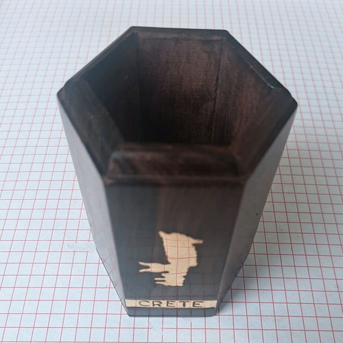 Wooden pencil holder used with map of Crete