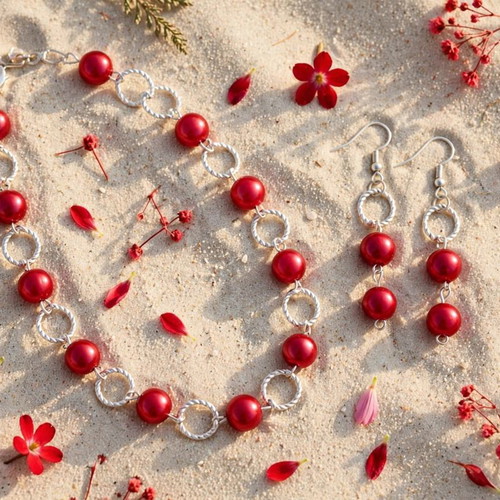 Handmade red beaded necklace and earrings set