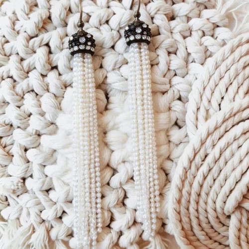 Handmade Beaded Tassel Earrings New Elegant Pearl Fringe Drop