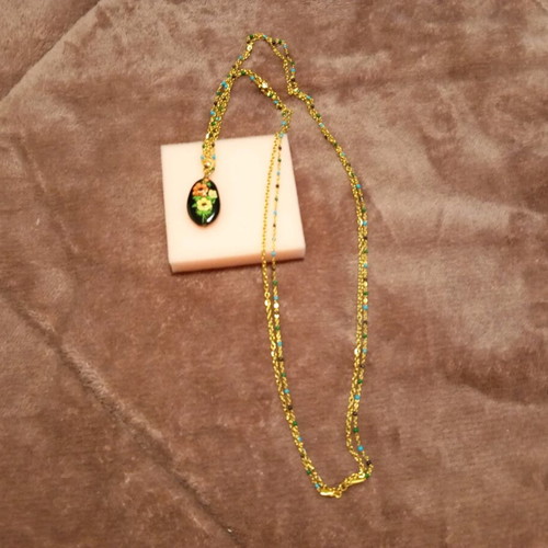 Handmade long necklace new with steel chain and hand-painted stone