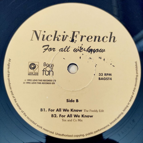 Nicki French For All We Know 12'' Vinyl Maxi Single used, electronic