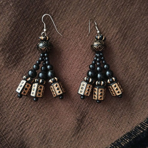 Handmade long ethnic boho tribal earrings like new, black-gold