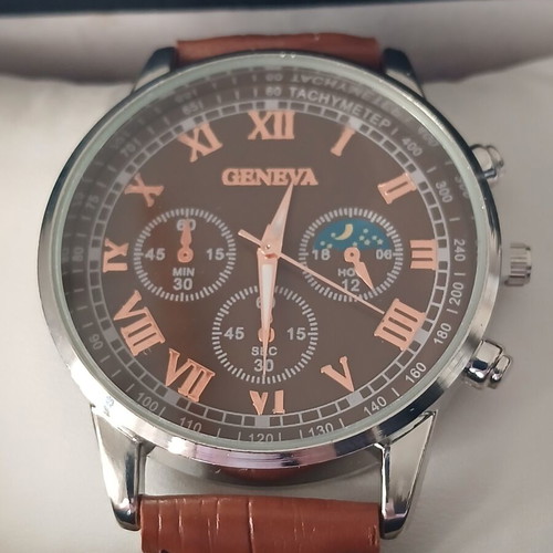 Geneva men's watch classic chronograph style with brown leather strap new
