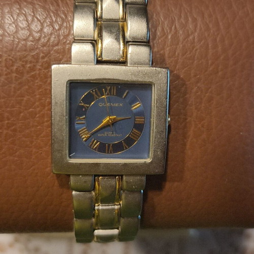 Quemex Japan Quartz Square Watch with Blue Dial and Two-Tone Bracelet