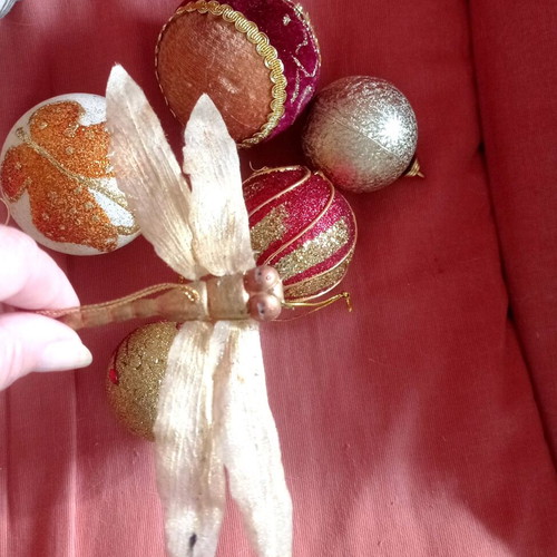 Golden Christmas balls used, set of 5 with dragonfly ornament