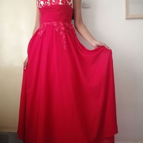 Elegant long red evening dress with floral embroidery and beads, size M