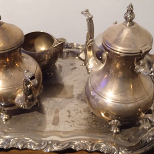 Silver-plated tea set 5 pieces with large tray F.B Rogers Lady Margaret like new