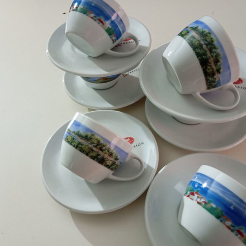 Lumidhs Coffee Cup and Saucer Set of 6 with Greek Landscapes and 6 White Italian Plates new