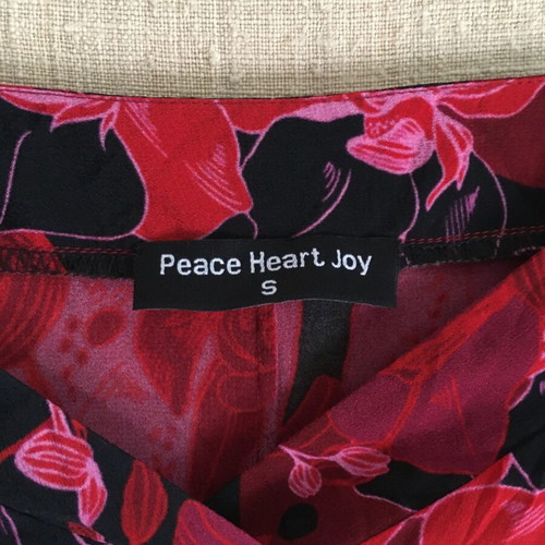 Peace Heart Joy silk crape top, size S, red floral