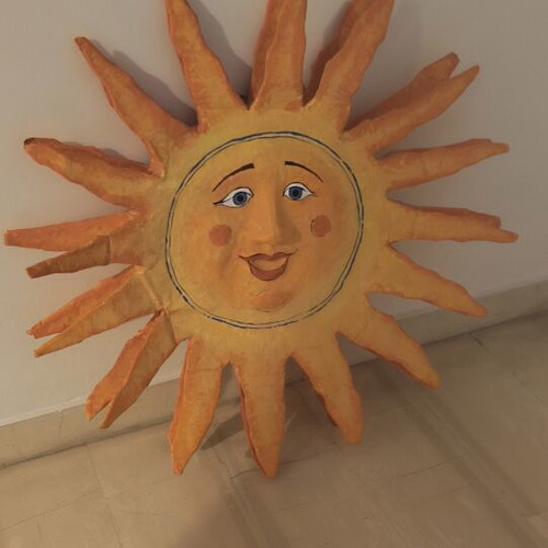Handmade sun wall decor used, 65cm diameter, paper pulp