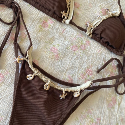 Bikini with real shells brown, new, ribbed material, size S-M