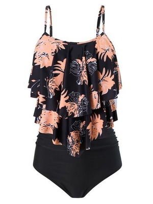 Women's 2-piece tankini swimsuit with high waist shorts and double ruffles, 2XL