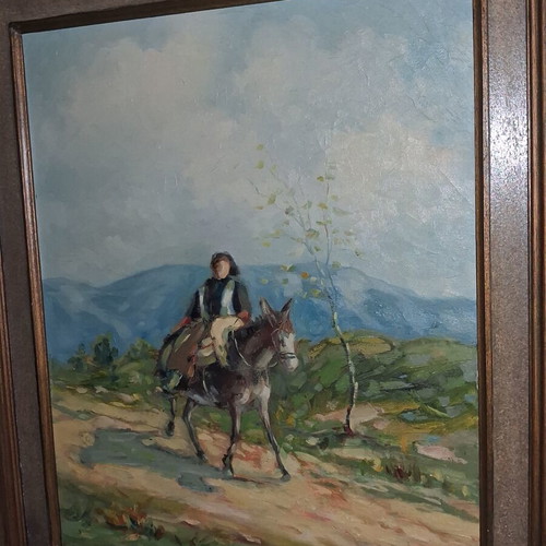 Greek Landscape Oil Painting on Canvas with Donkey Figure like new