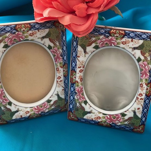 Porcelain painted frames used, set of 2 with flowers and peacocks
