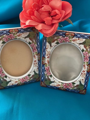 Porcelain painted frames used, set of 2 with flowers and peacocks
