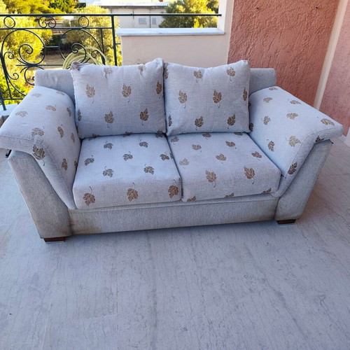 2-seater and 3-seater sofas, light fabric with leaf pattern
