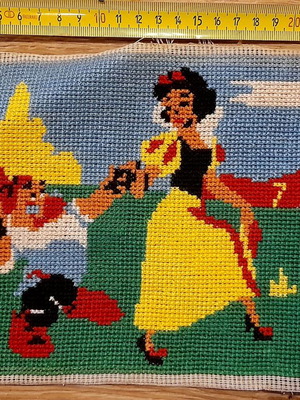 Snow White and Dwarf Embroidery Textile Painting, Vintage 30x18 cm