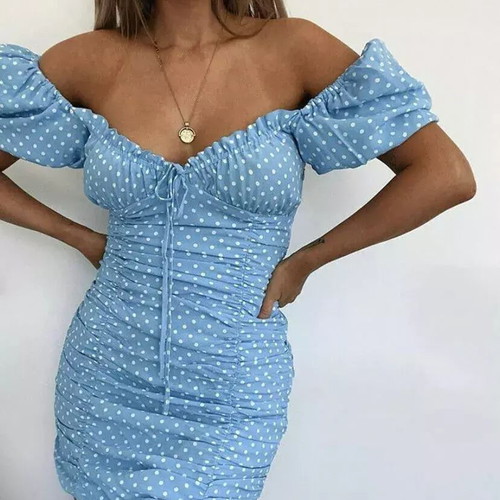 Zara polka dot blue dress with puff sleeves small like new