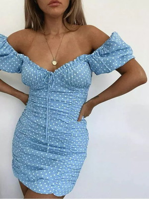Zara πουά μπλέ φόρεμα με puff μανίκια small σαν καινούργιο