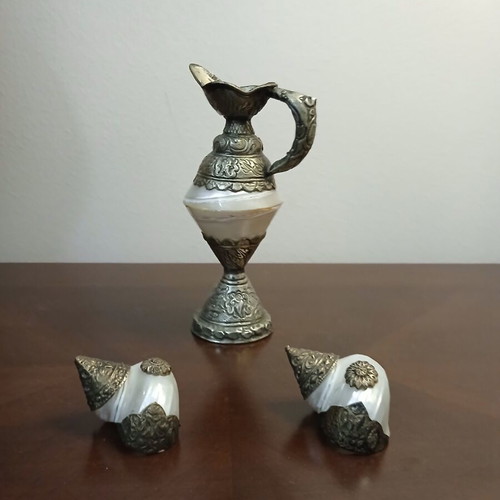 Tibetan natural shells set with alpaca overlay, handmade, vintage
