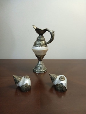 Tibetan natural shells set with alpaca overlay, handmade, vintage